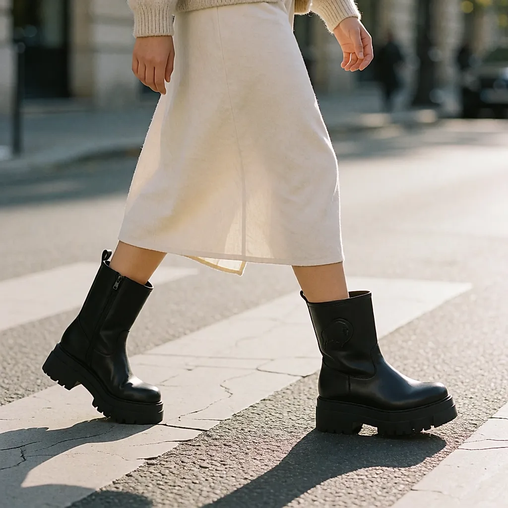 A woman wears black Buffalo platform boots with a chunky sole on a pedestrian crossing
