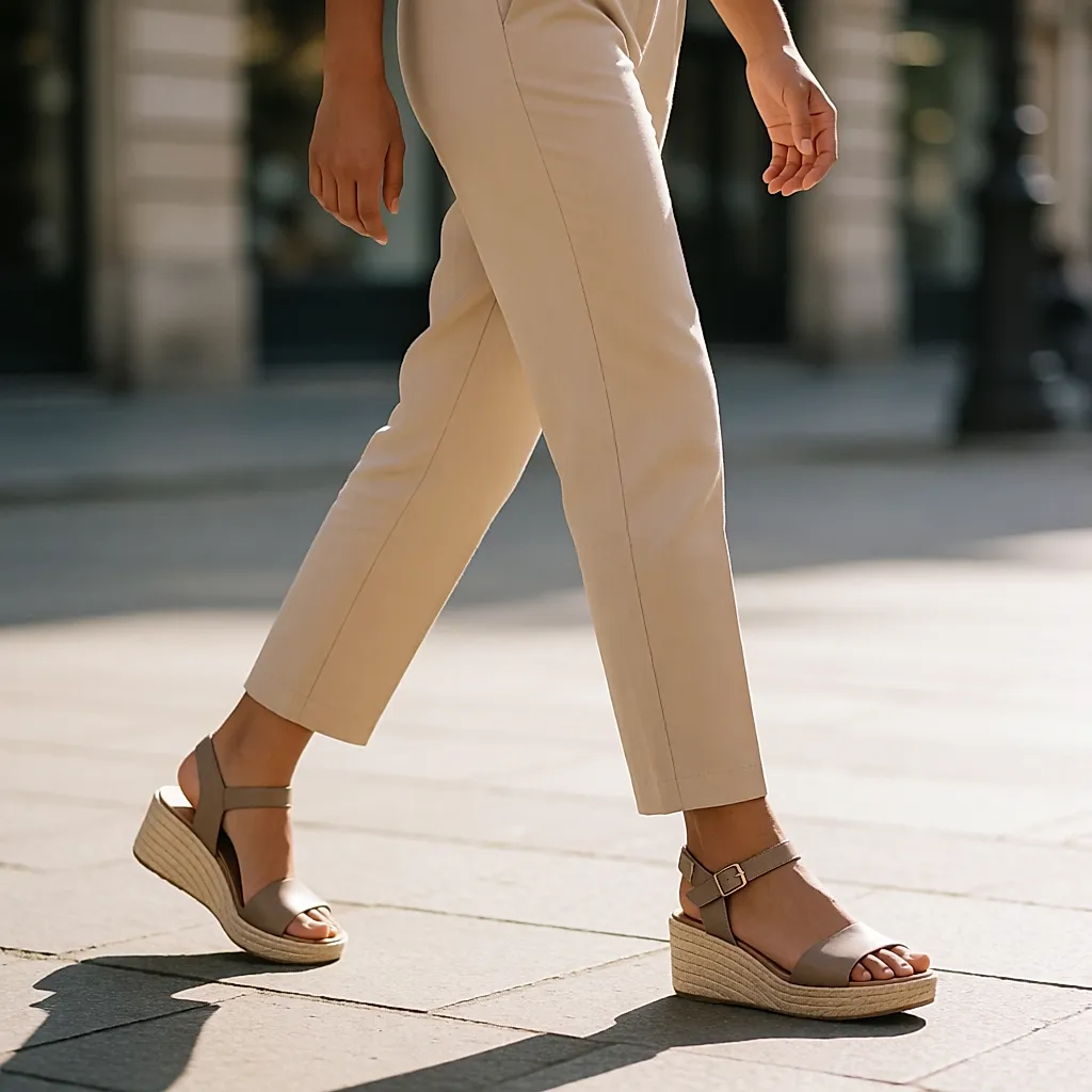 Comfortable taupe platform sandals worn on a sunny pavement