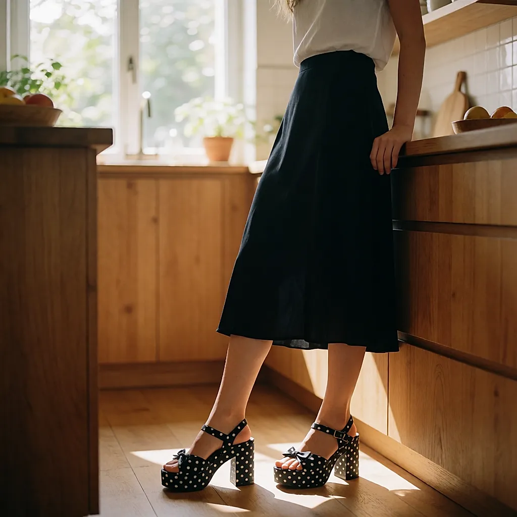 Polka-dot platform shoes worn in a bright kitchen