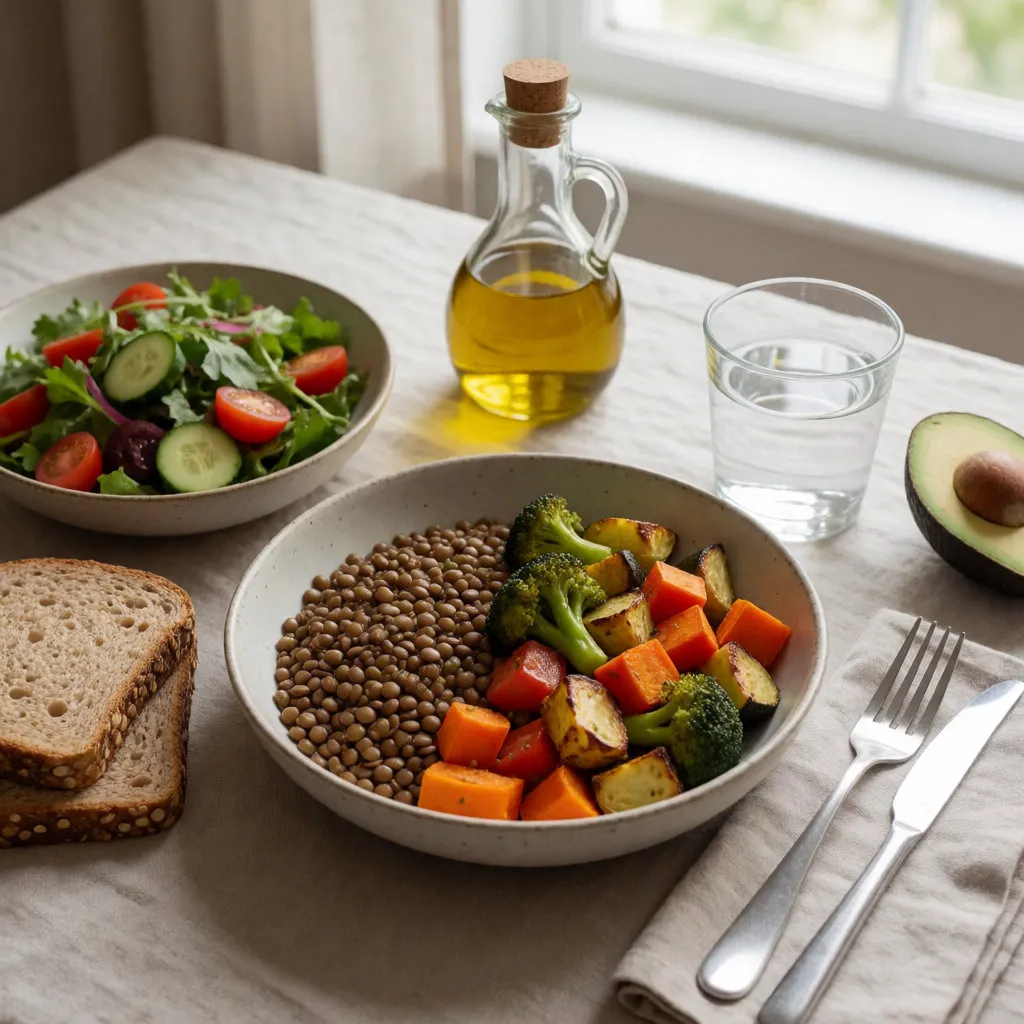 Almoço equilibrado com lentilhas, legumes, salada e pão integral numa mesa de linho claro