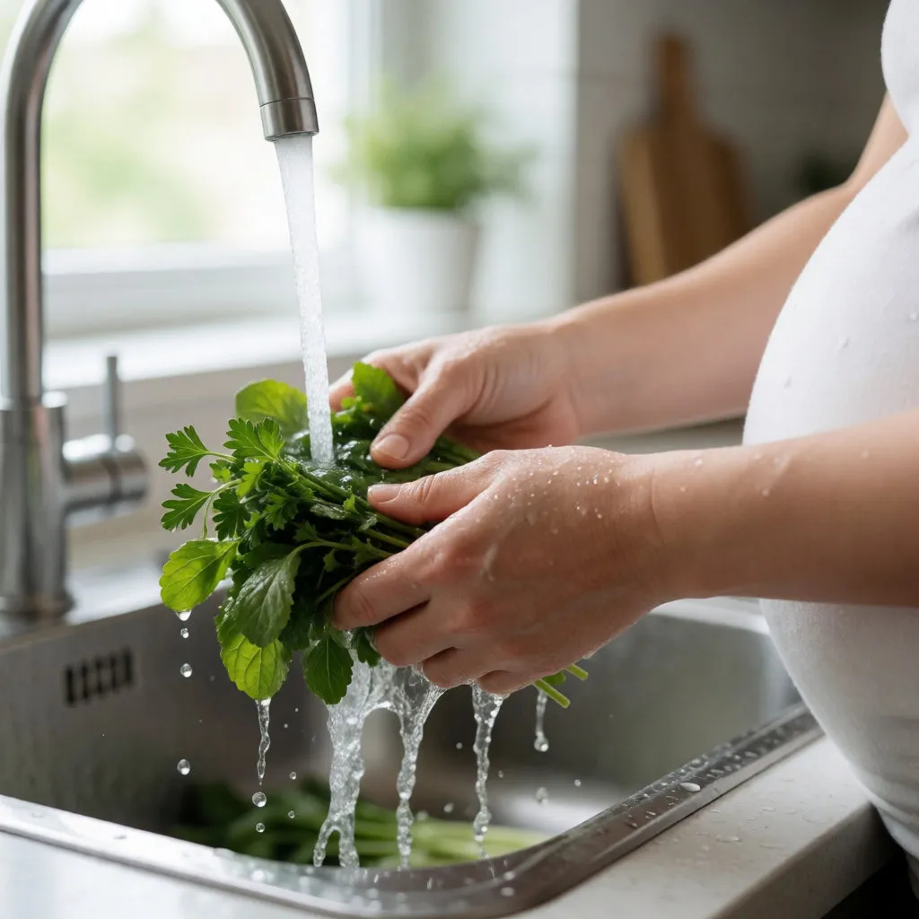 Mãos de uma mulher grávida a lavar ervas frescas e legumes sob água numa cozinha clara