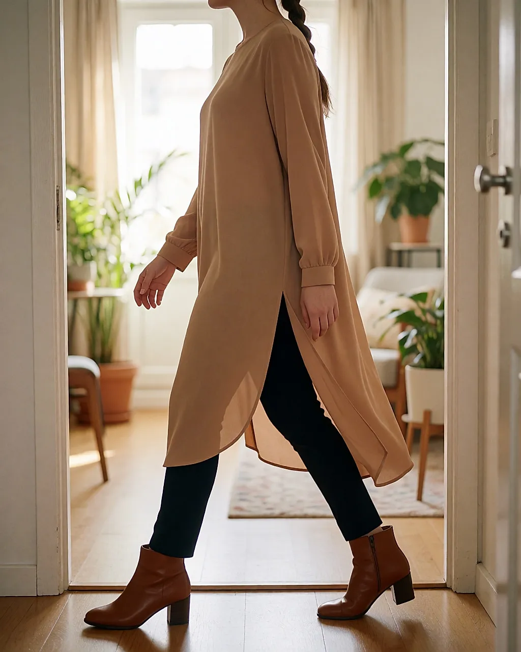 Mujer con curvas con túnica larga camel y botines de tacón bajo, caminando por un pasillo luminoso