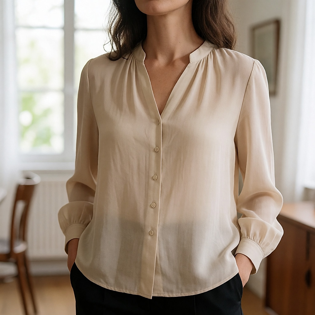 Manos pellizcando la tela fluida de una blusa beige para comprobar su caída en el probador