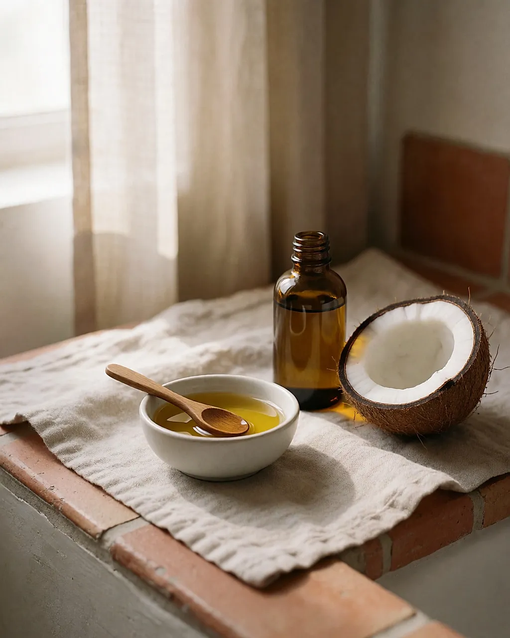 Schale aus Keramik mit goldenem Arganöl, bernsteinfarbene Flasche und halbe Kokosnuss auf Leinenstoff