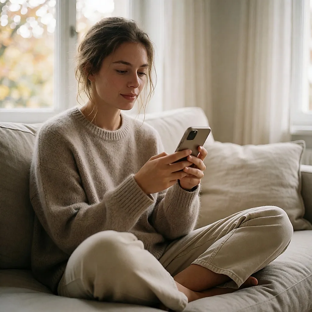 Jeune femme assise sur un canapé, smartphone en main, prête à prendre rendez-vous