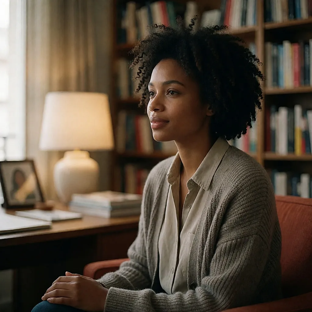 Jeune femme noire assise dans un cabinet lumineux, à l'écoute lors d'un entretien