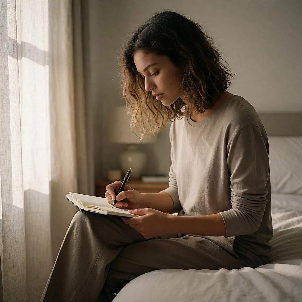 Jeune femme assise sur un lit, écrivant quelques notes dans un carnet avant sa séance