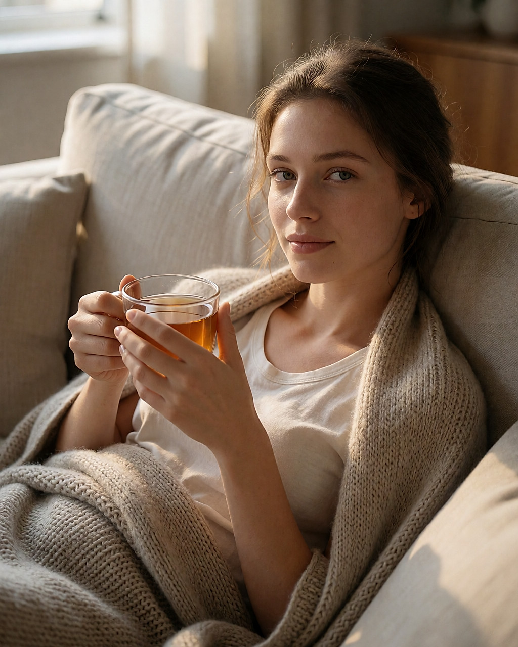 Jeune femme détendue sur un canapé, enveloppée dans un plaid, une tisane entre les mains