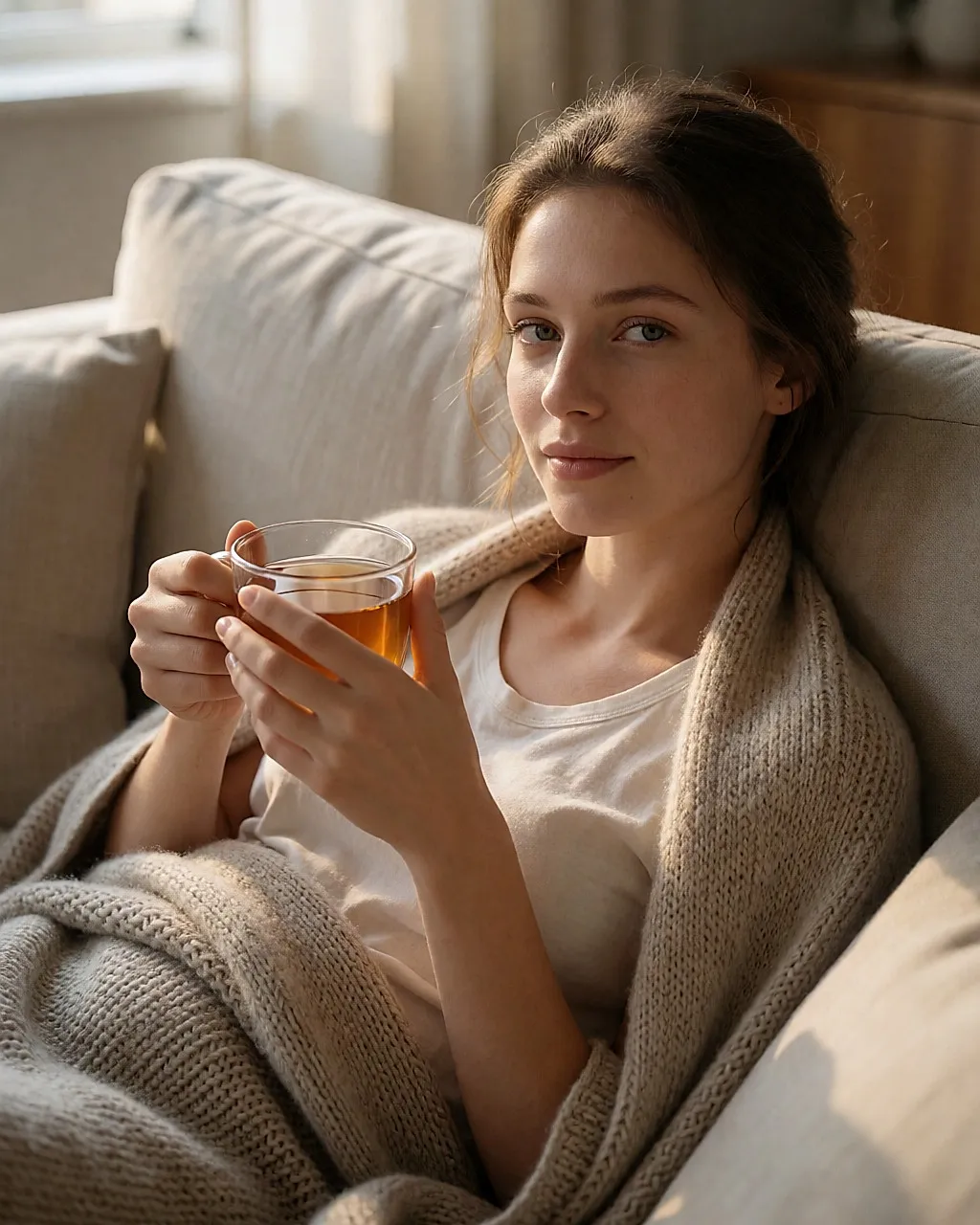 Junge Frau entspannt auf dem Sofa, in eine Decke gehüllt, eine Tasse Tee in den Händen