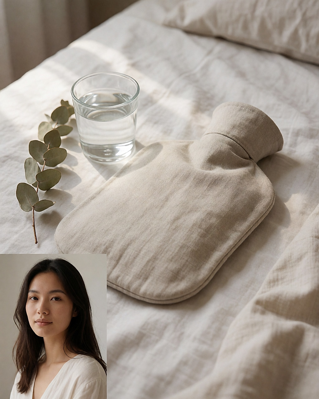 Bouillotte en lin posée sur un lit au linge froissé, un verre d'eau à côté, lumière douce