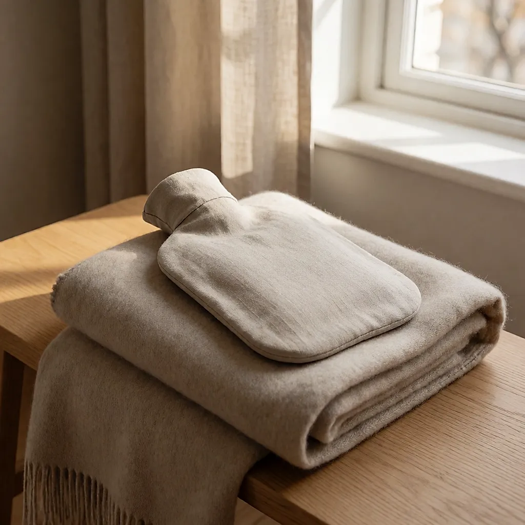 Bolsa de água quente em linho pousada numa cama com roupa amarrotada, um copo de água ao lado, luz suave