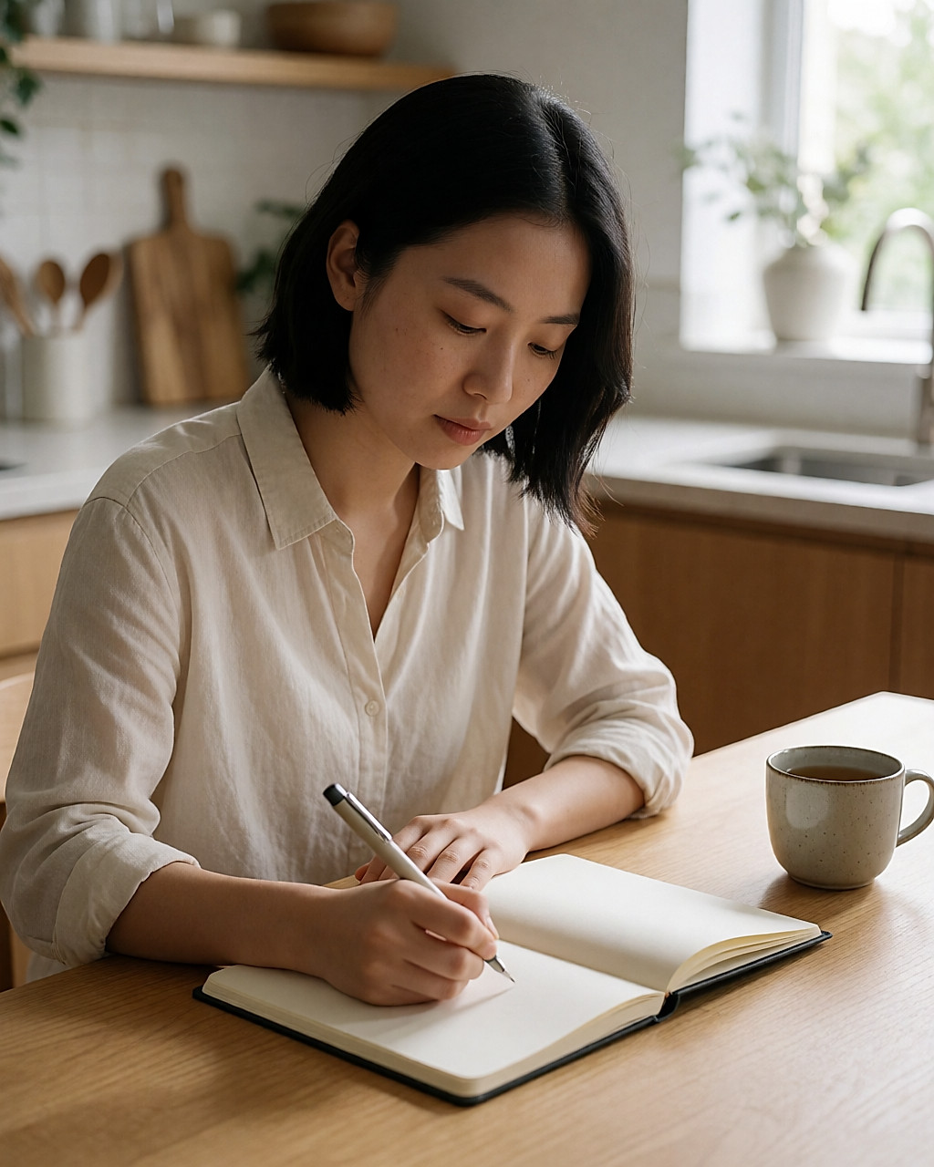 Jeune femme asiatique qui note des questions dans un carnet à une table claire