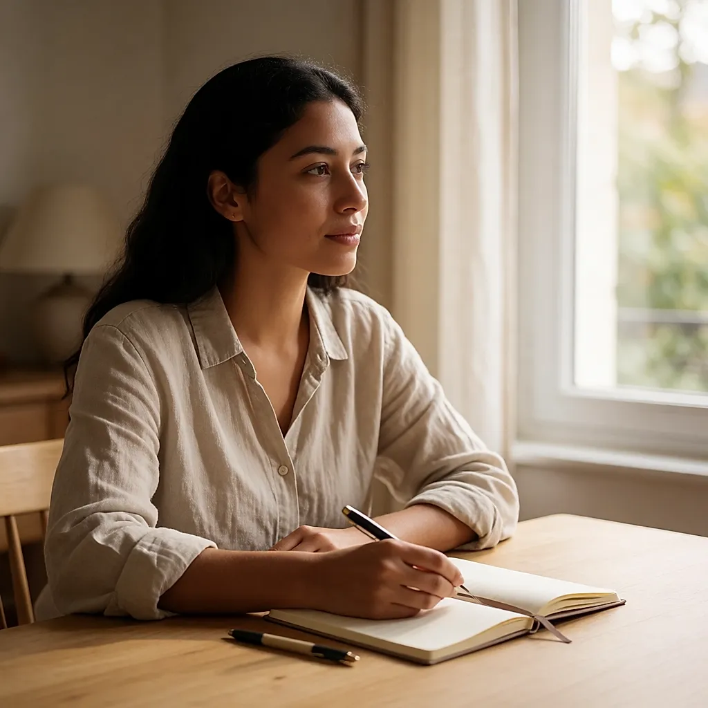 Jovem mulher asiática a anotar perguntas num caderno, numa mesa clara