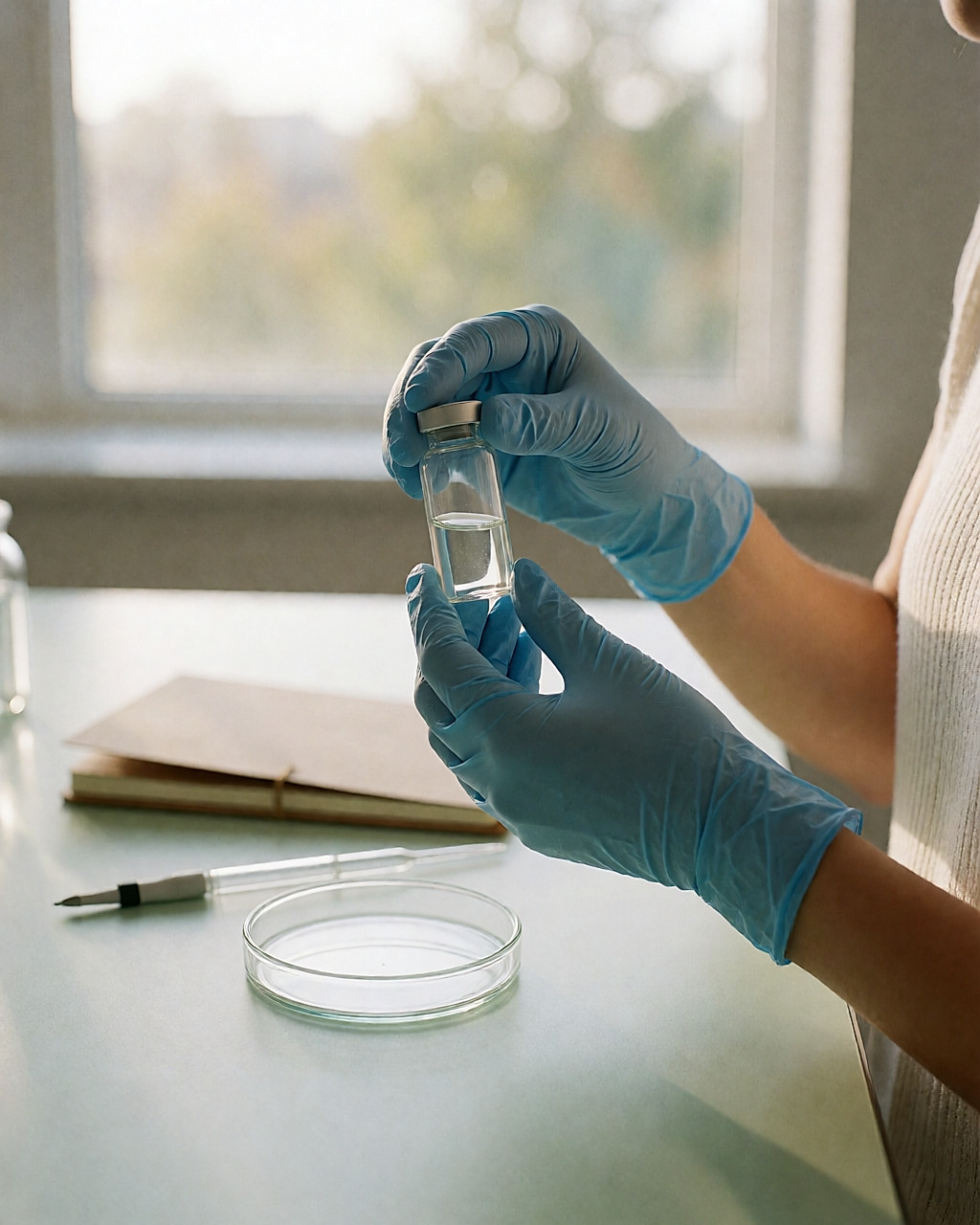 Mains gantées tenant un flacon de gel transparent au-dessus d'une paillasse de laboratoire