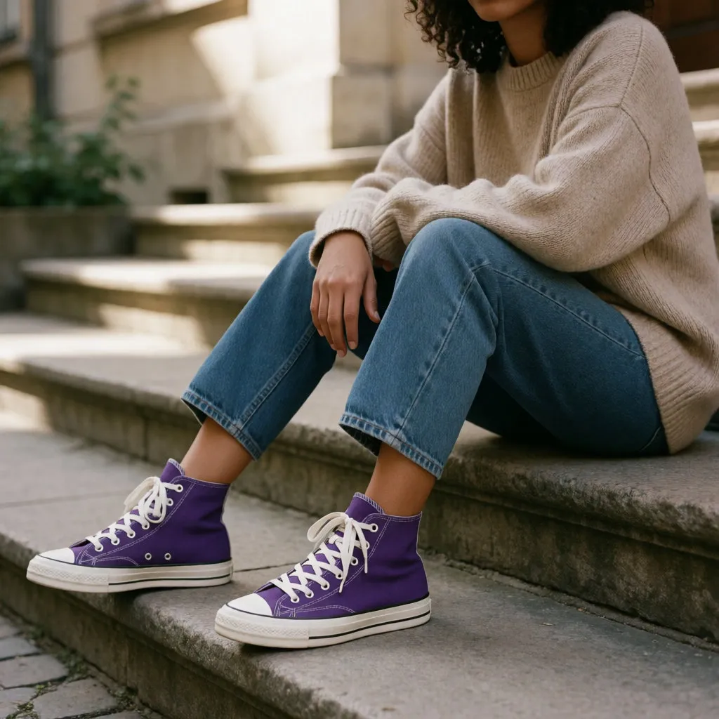 Joven sentada en unos escalones, con zapatillas de caña alta moradas de lona a sus pies