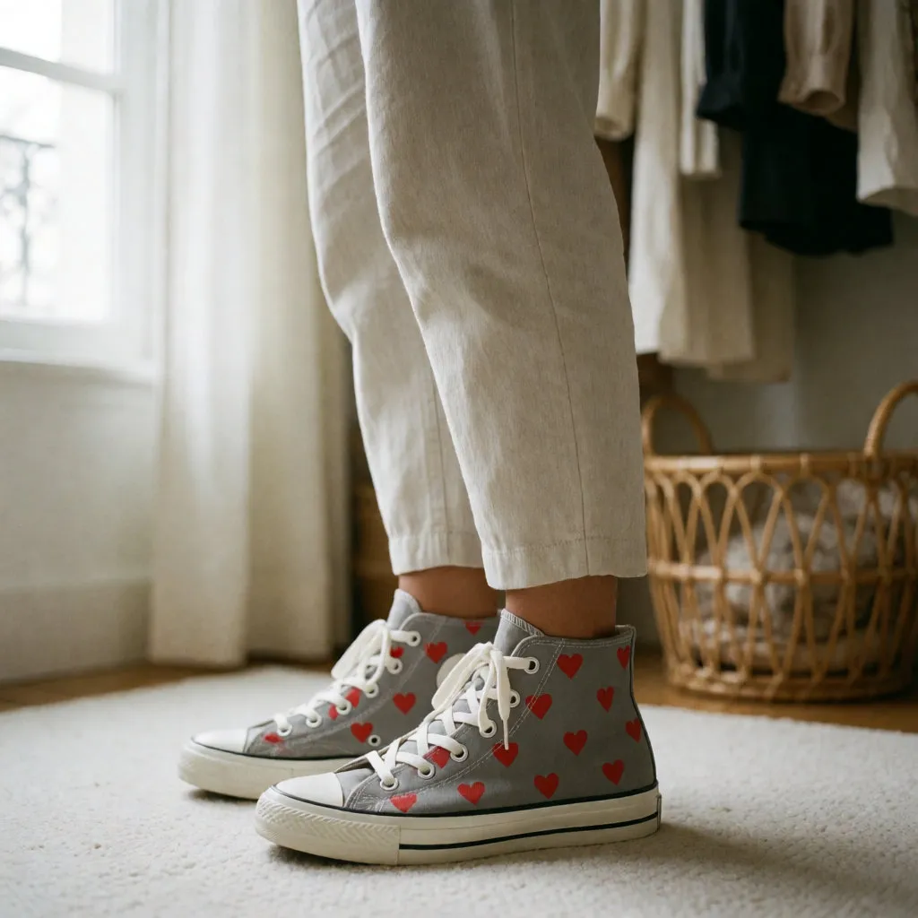 Frau steht in einer hellen Ankleideecke, graue High-Top-Sneaker mit Herzchenmuster