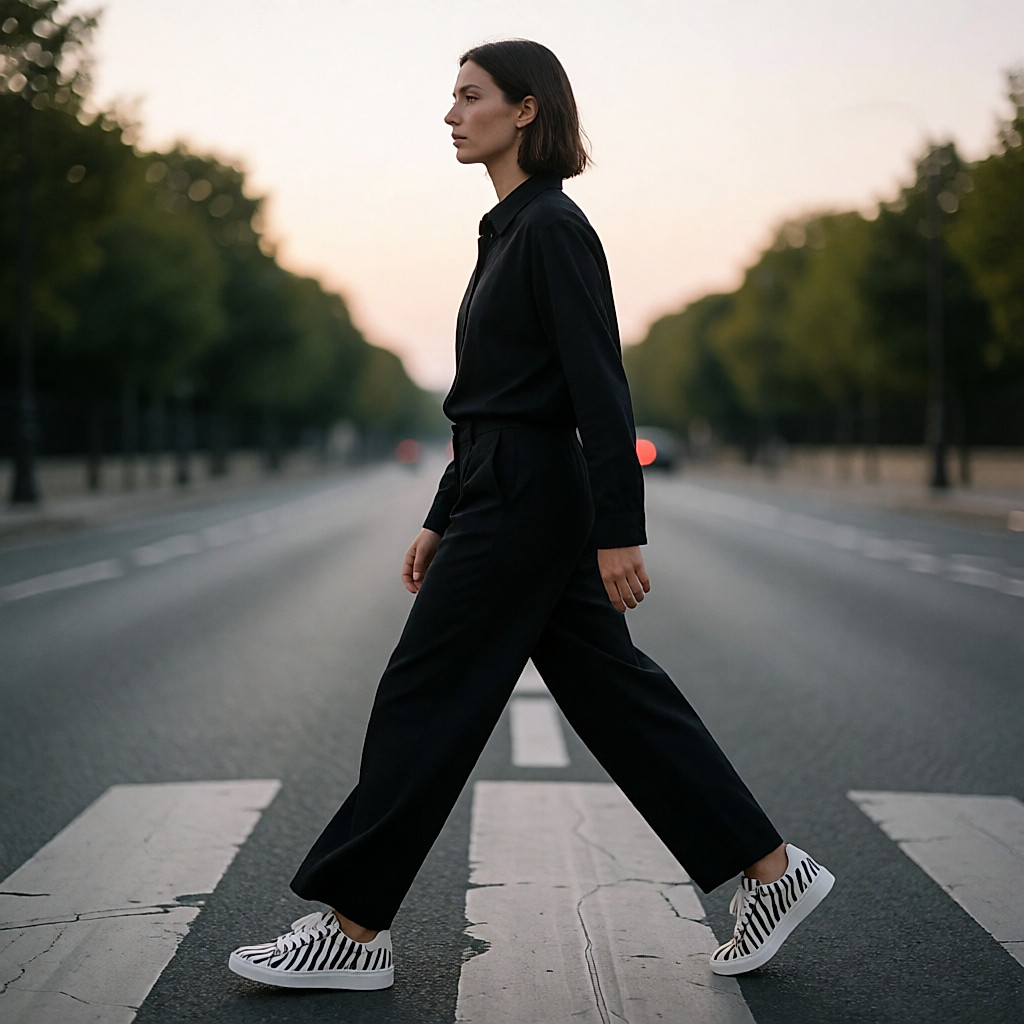 Mujer de espaldas cruzando un paso de cebra al atardecer, con zapatillas de estampado de cebra