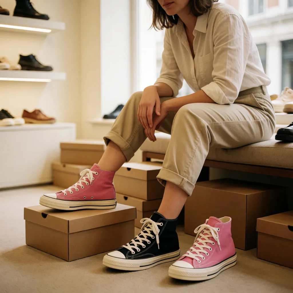 Junge Frau sitzt in einem Laden, vor ihr zweifarbige High-Top-Sneaker in Rosa und Schwarz