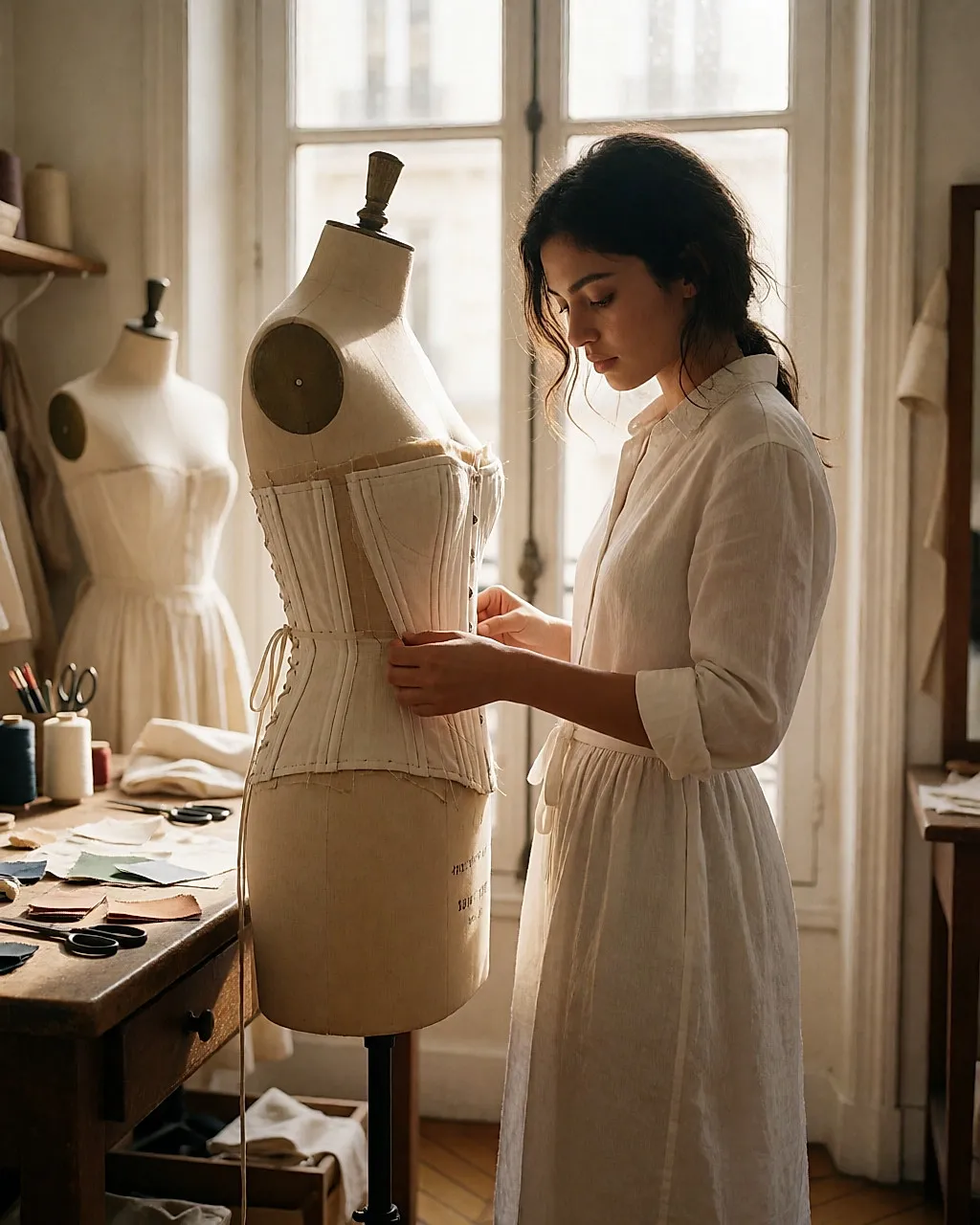 Corsetera ajustando un corsé sobre un maniquí de costura en un taller parisino