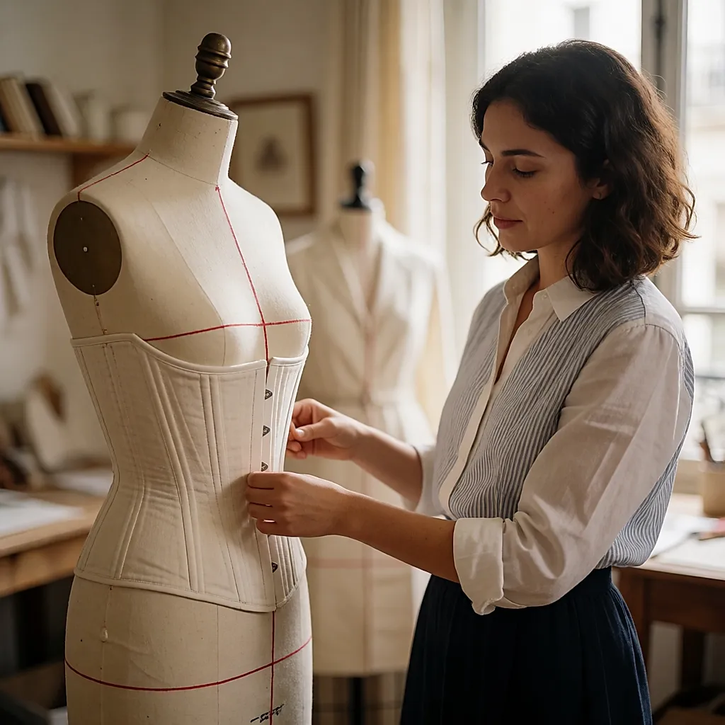 Corseteira a ajustar um corset num manequim de alfaiate, num atelier parisiense
