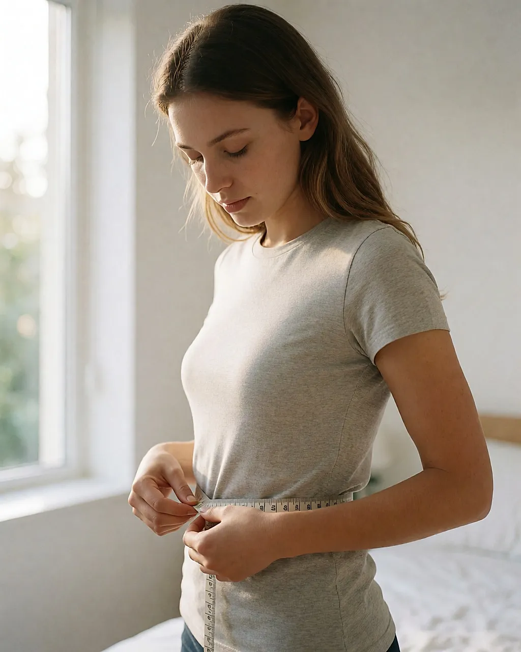 Mujer midiendo su contorno de cintura con una cinta métrica sobre una camiseta fina