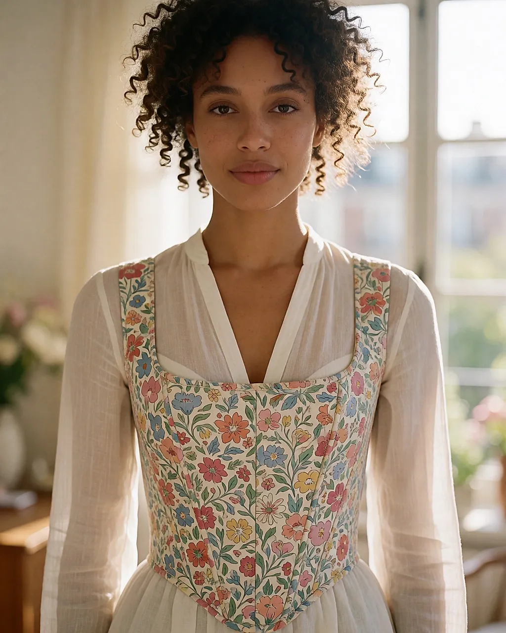 Corsé de estampado floral llevado sobre una blusa blanca, visto de frente