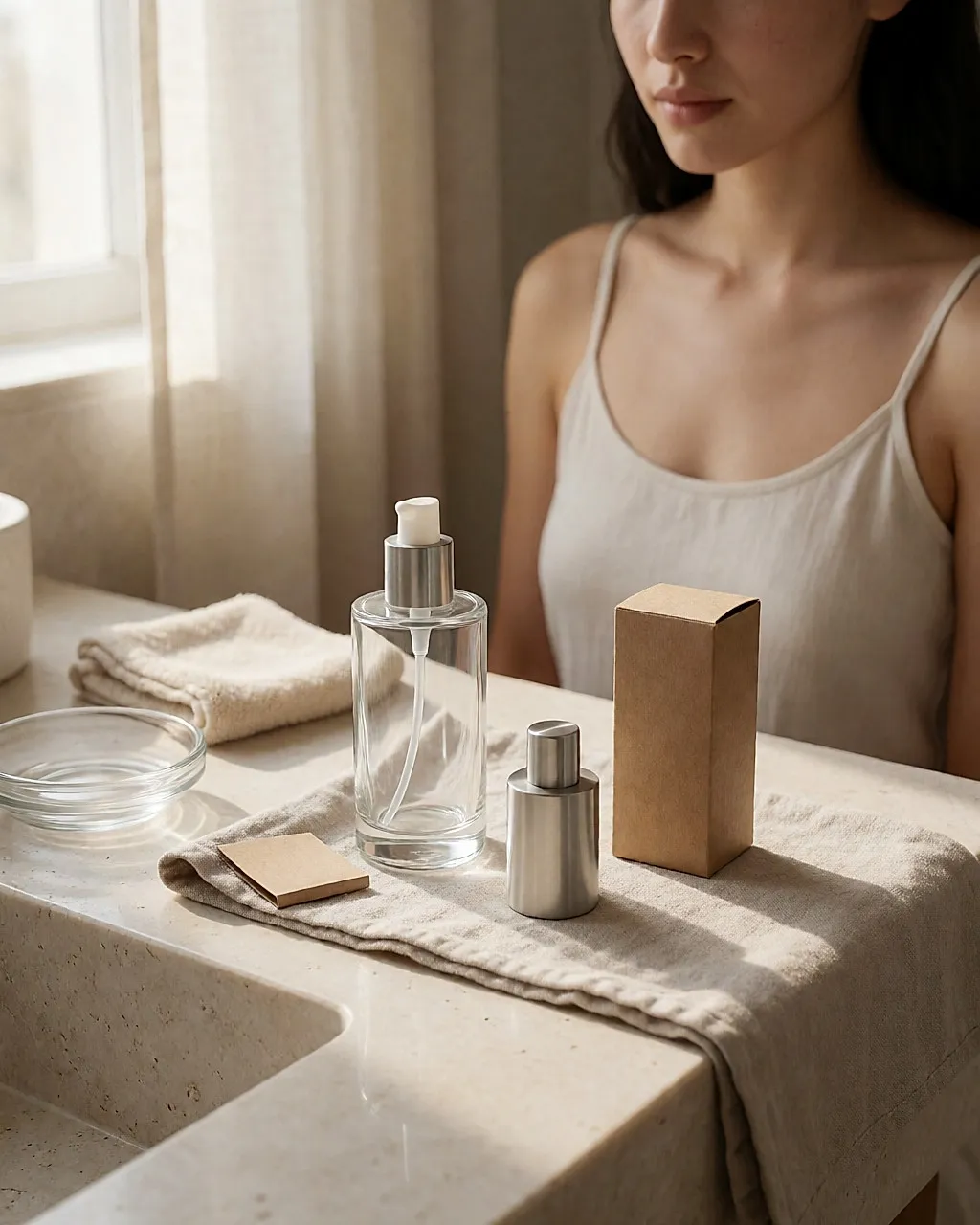 Flacon de verre vide, recharge métallique et étui kraft posés sur un linge clair