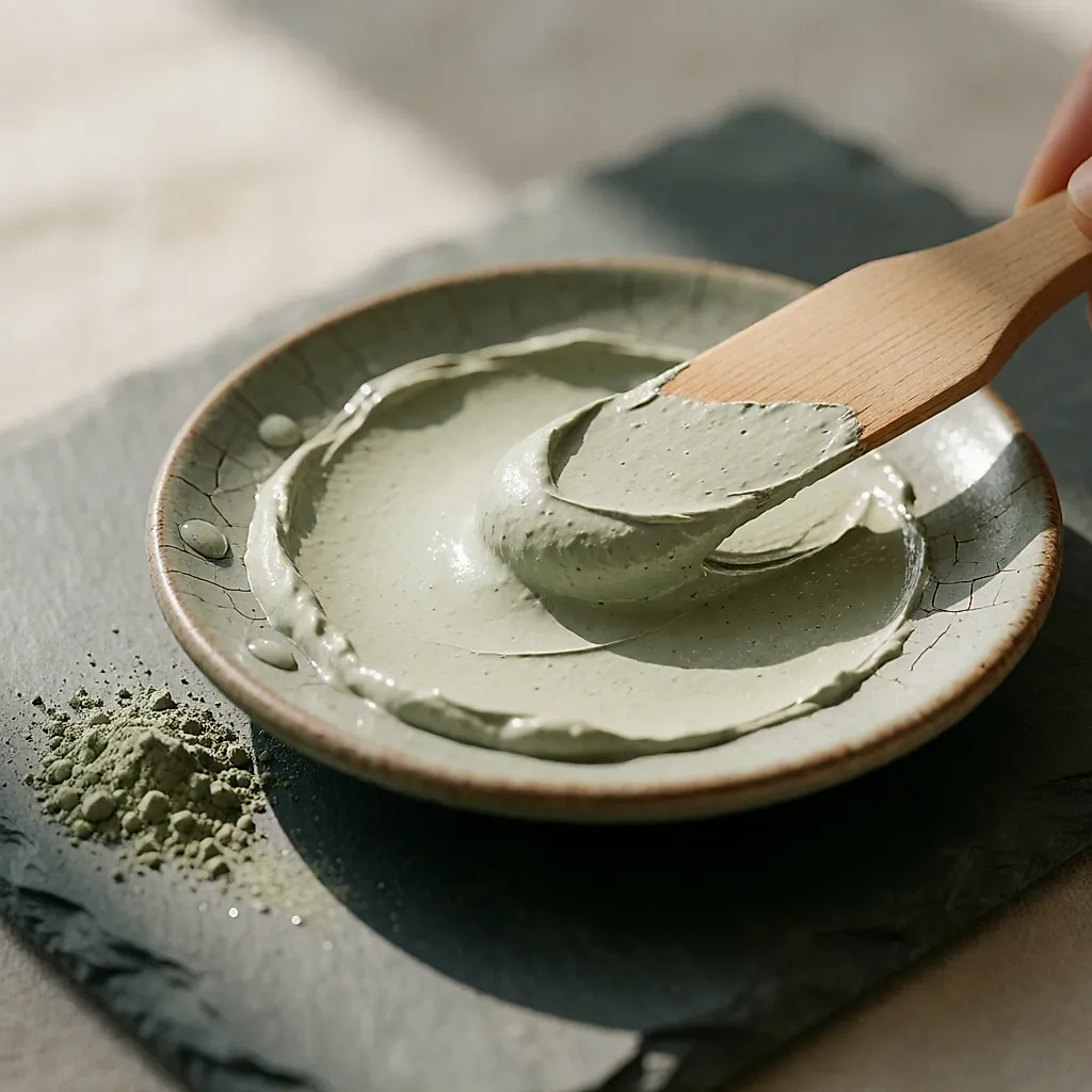 Une pâte d'argile verte étalée dans une coupelle, soulevée par une spatule en bois