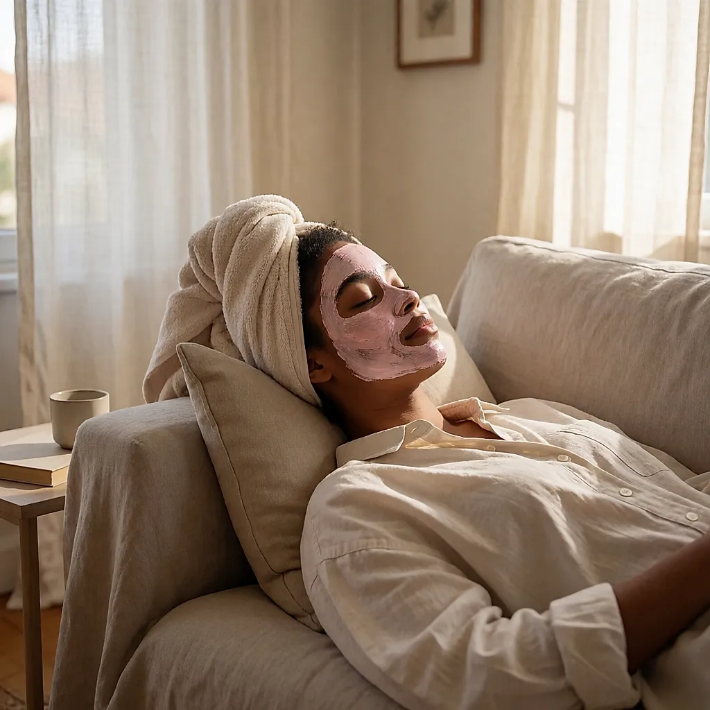 Une jeune femme détendue sur un canapé, un masque rose appliqué sur le visage