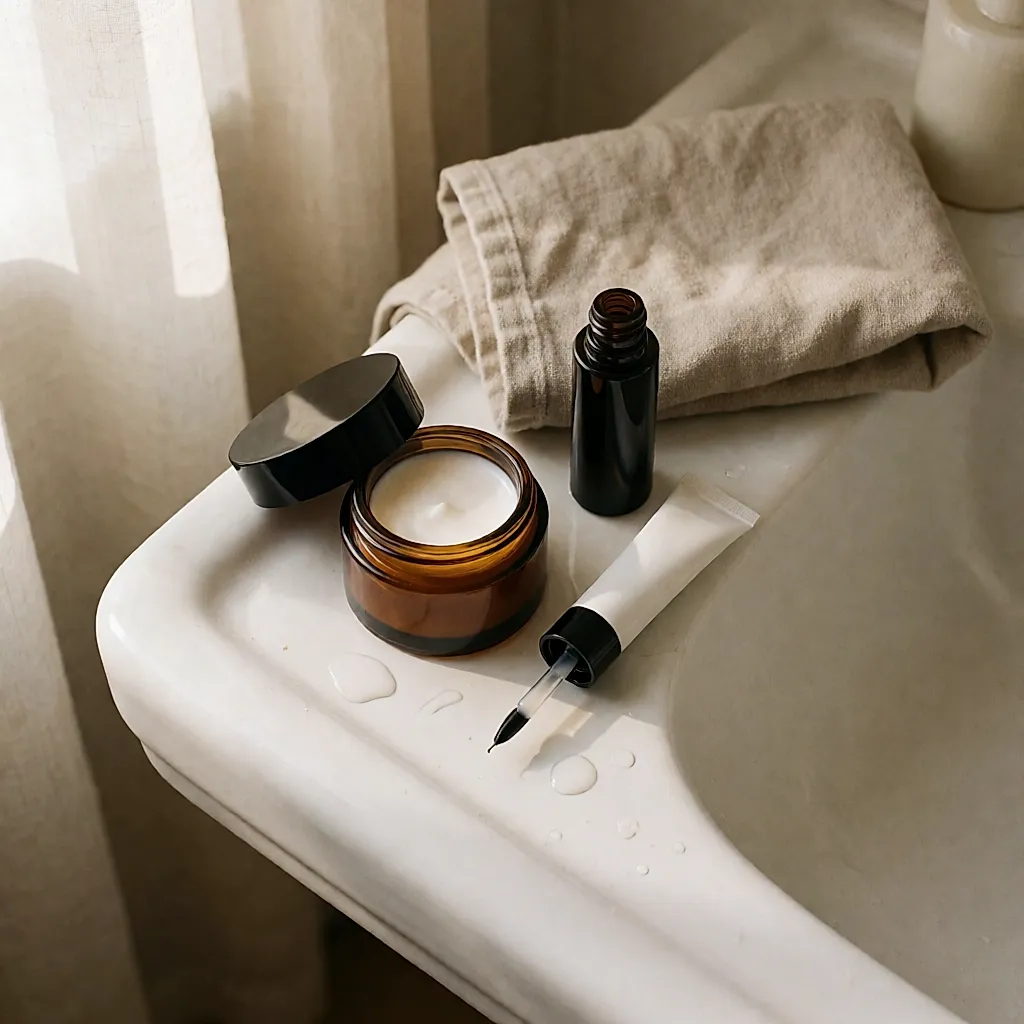 Crème de nuit et sérum anti-taches réunis sur le rebord du lavabo