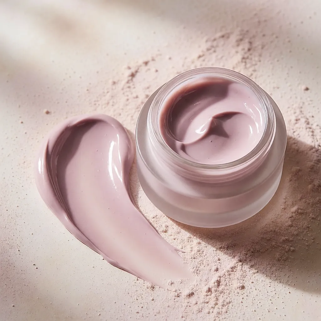 Crème au collagène teintée de mauve et texture onctueuse sur fond poudré