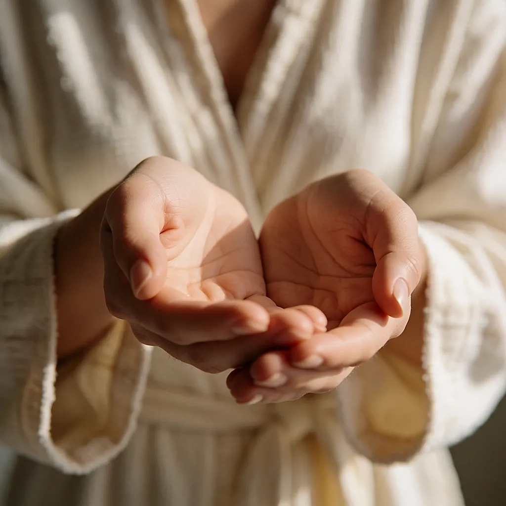 Uma mulher a aquecer uma porção de creme entre as palmas das mãos, sentada junto a uma janela
