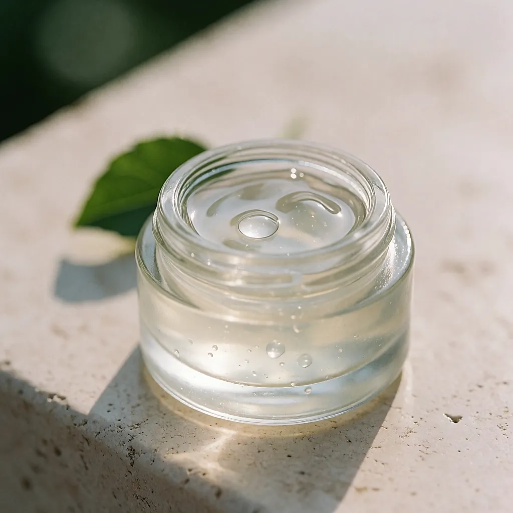 Gel translucide dans un pot ouvert, traversé par la lumière