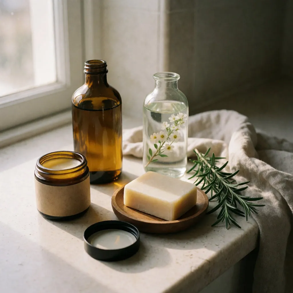 Frascos y envases de cosmética natural junto a sus etiquetas y sellos de certificación