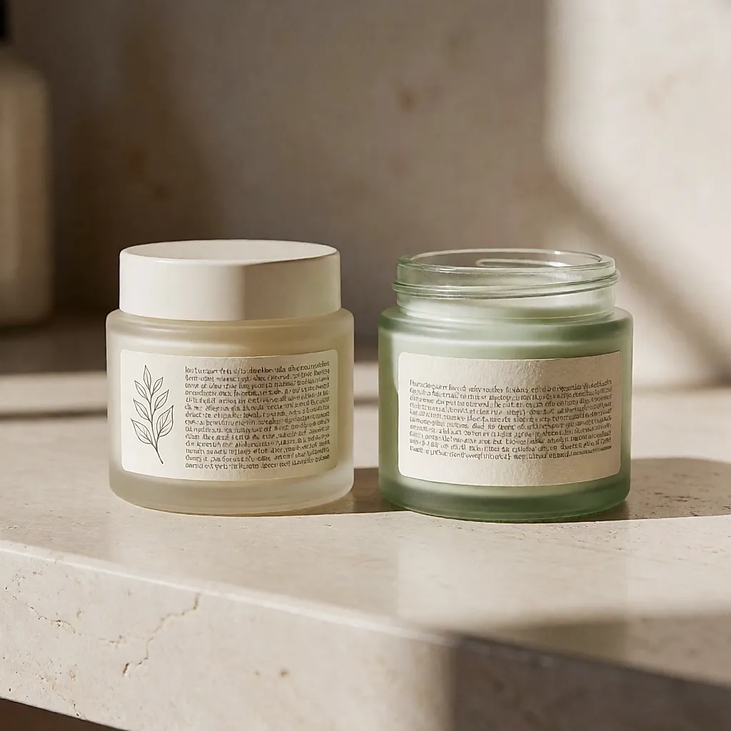 Two small cosmetic pots with different labels on a light counter