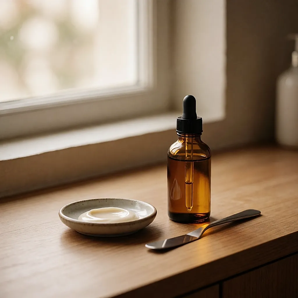 Plant oil and cream in glass containers on a counter