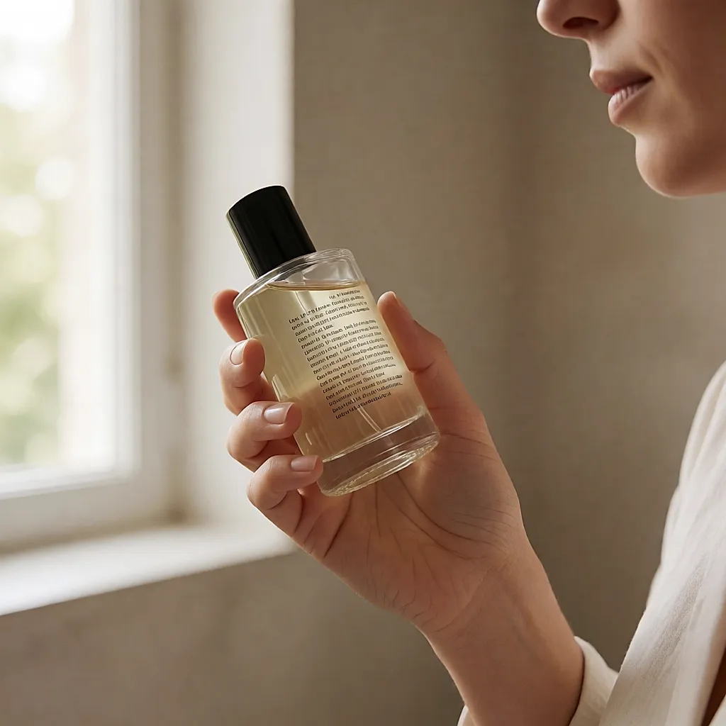 A hand tracing the first lines of an INCI list on a bottle