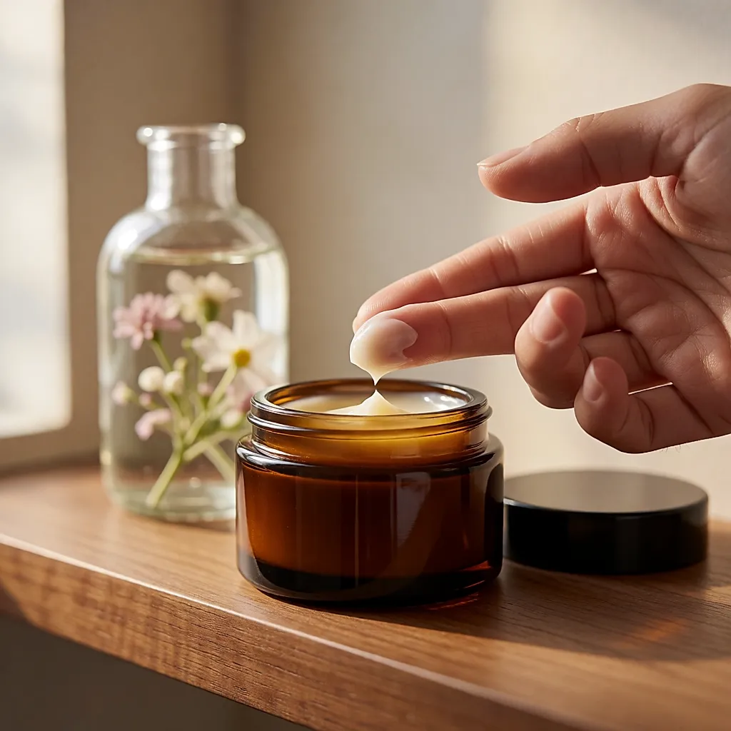 A finger taking a pea-sized amount of balm from an amber glass pot