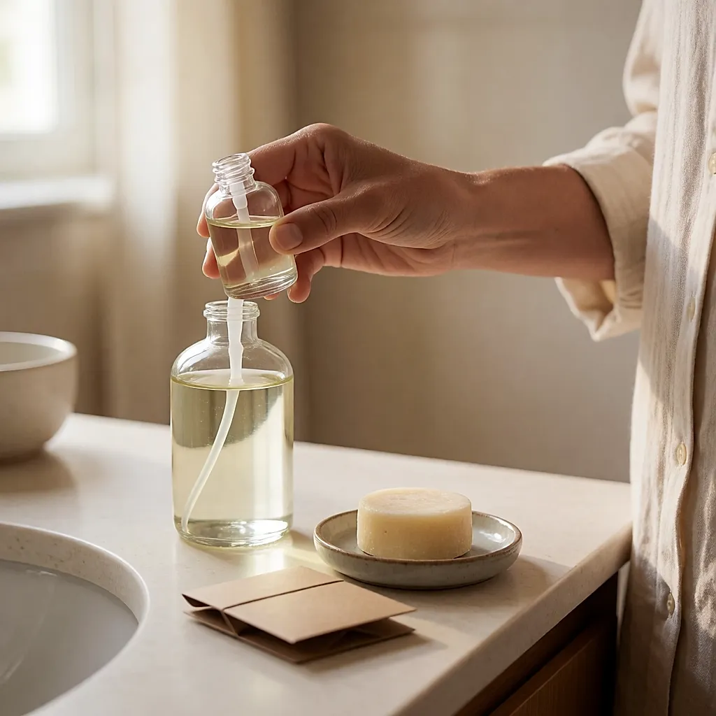 A hand filling a small glass bottle from a large refill bottle