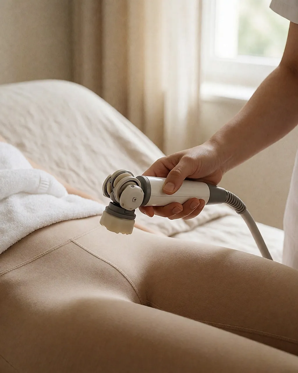 Endermologie device with rollers held above a leg in leggings