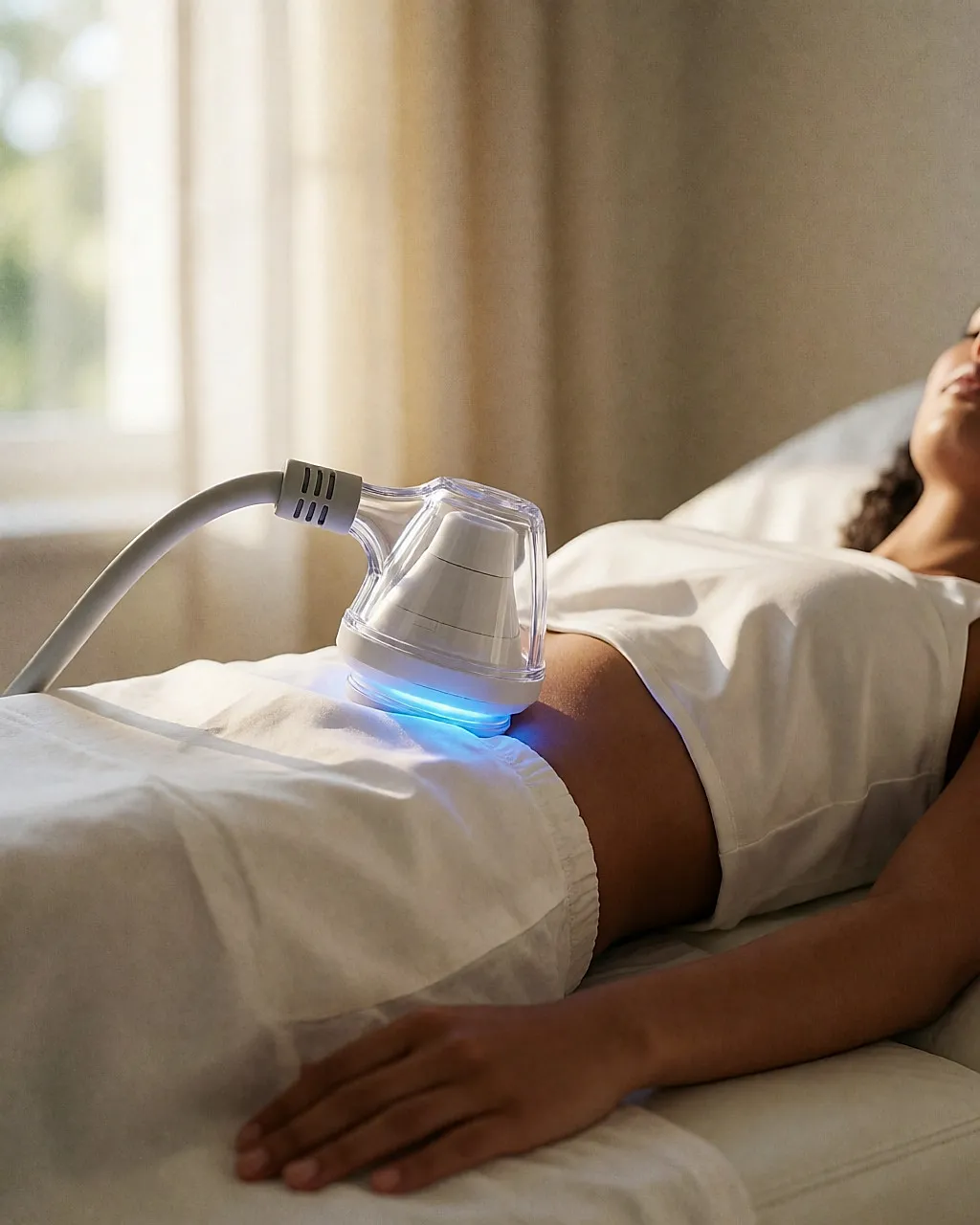 Cryolipolysis applicator placed on the flank of a patient lying down