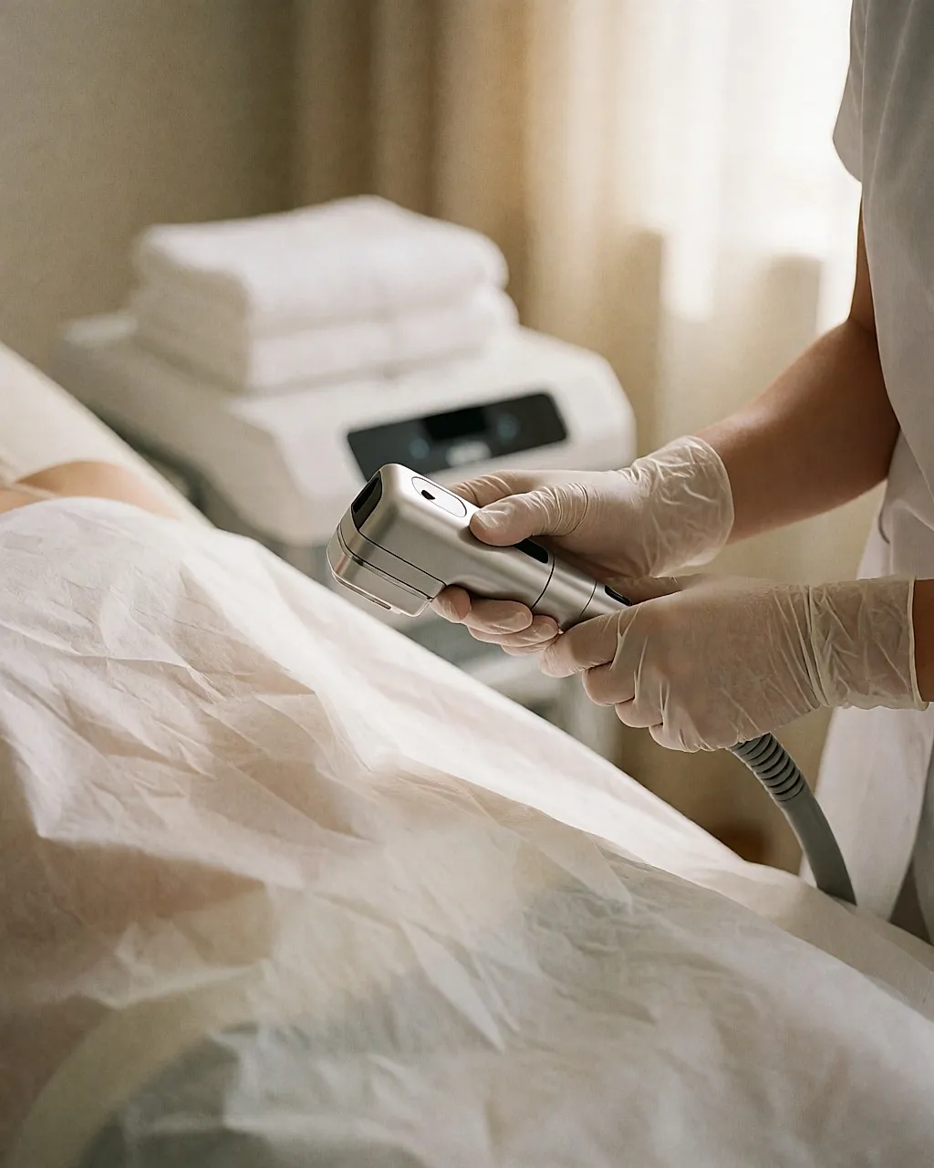 Gloved hands holding a radiofrequency device in a treatment room