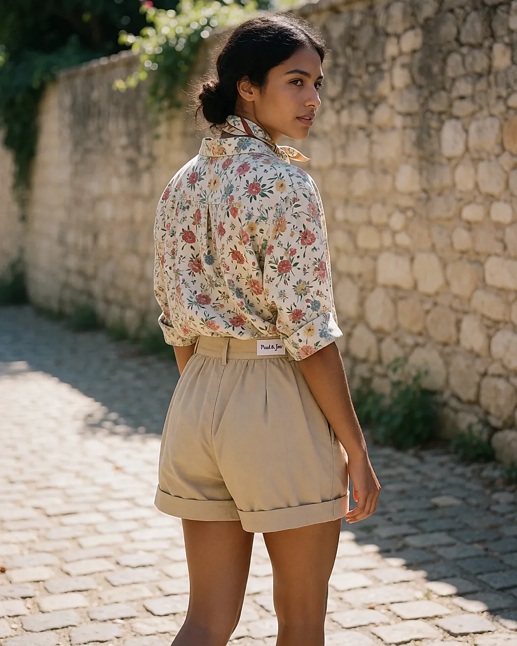 Beige Mini-Shorts mit bauschiger Silhouette, kombiniert mit geblümter Bluse und Halstuch im Safari-Stil