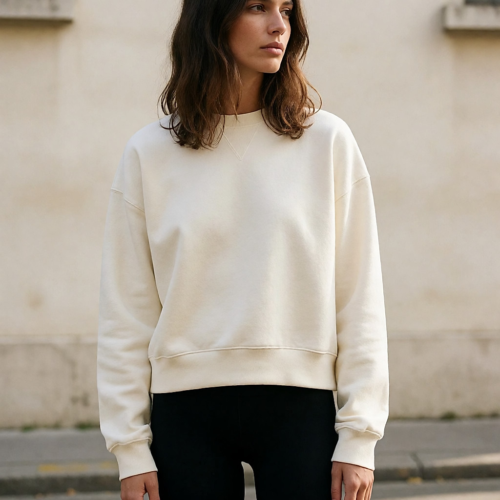 Langes bedrucktes Sweatshirt, als Kleid über einer schwarzen Leggings getragen