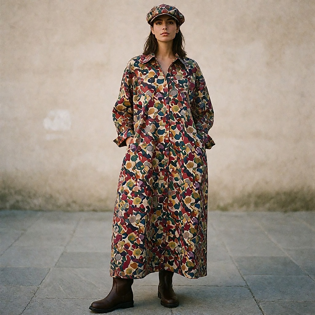 Langes mehrfarbig bedrucktes Kleid, kombiniert mit einer Cap und weichen Leder-Stiefeletten