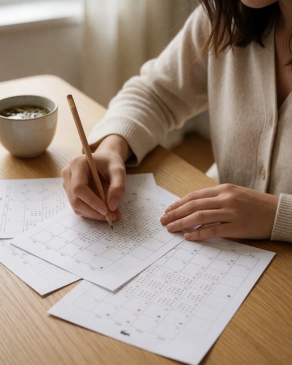 A hand pencilling in the days of a paper cycle calendar on a light desk