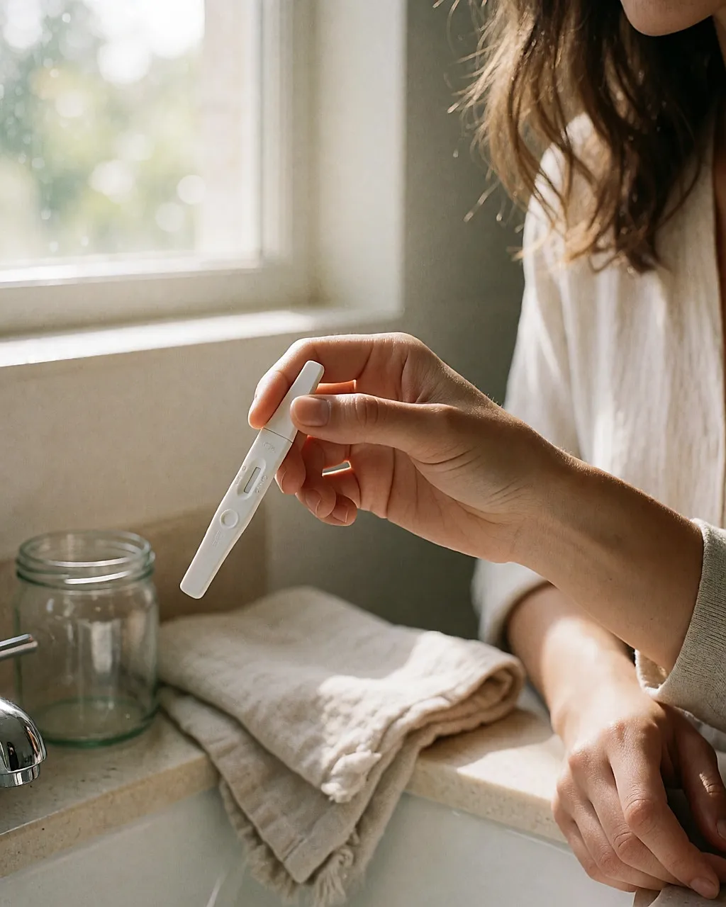A hand holding an ovulation test over a sink in a bright bathroom