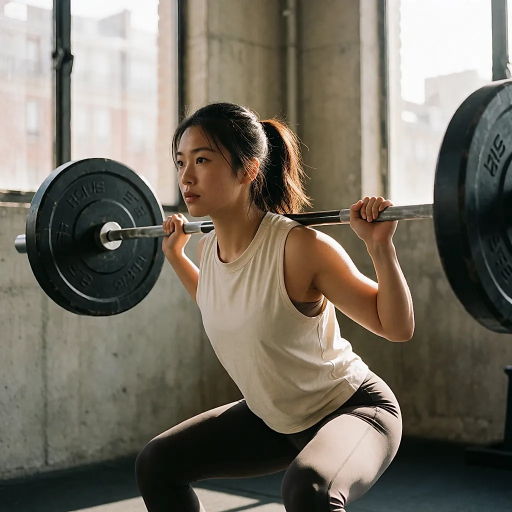 Jeune femme en pleine série lourde à la barre dans une salle de sport lumineuse