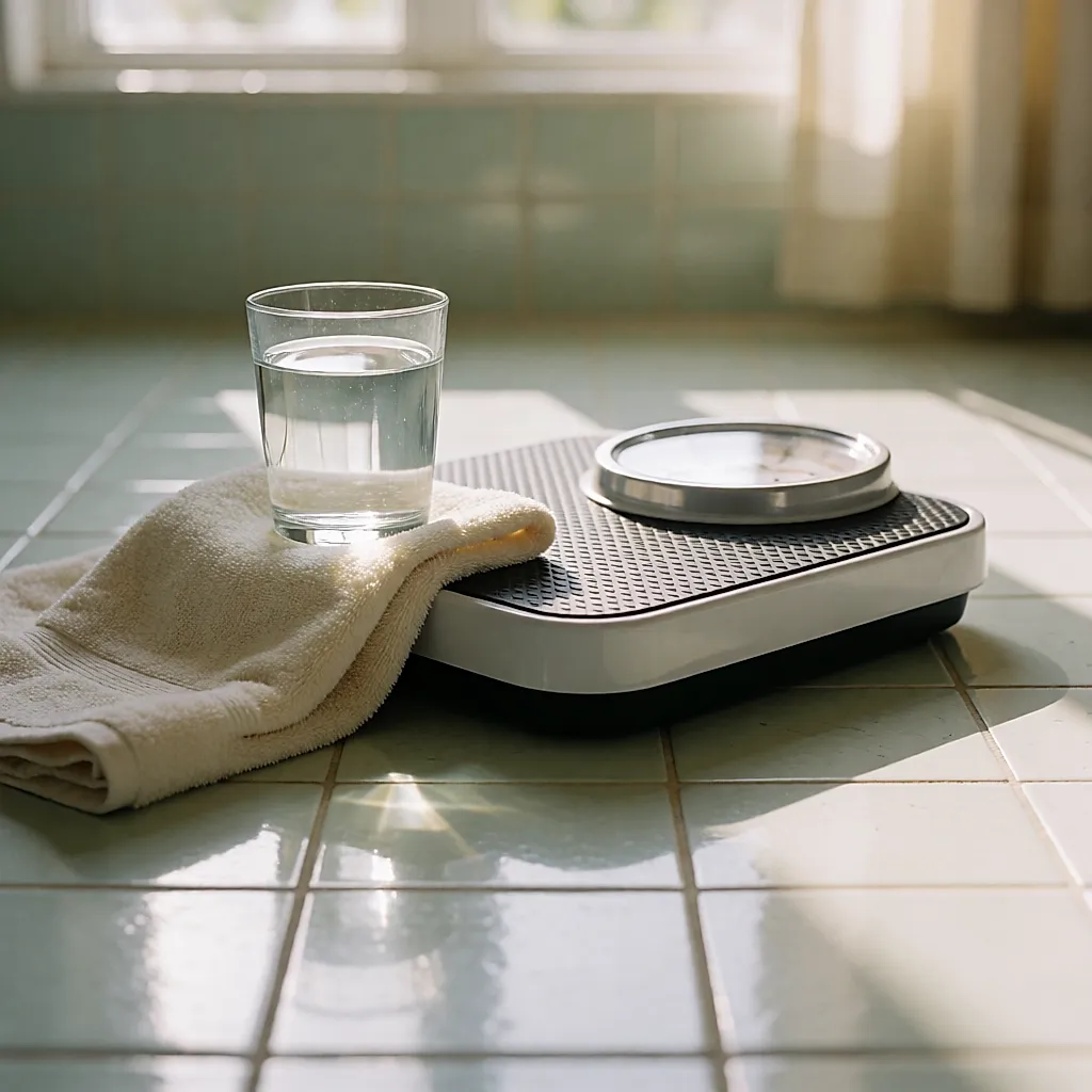 Pèse-personne et verre d'eau sur un carrelage clair, dans la lumière du matin