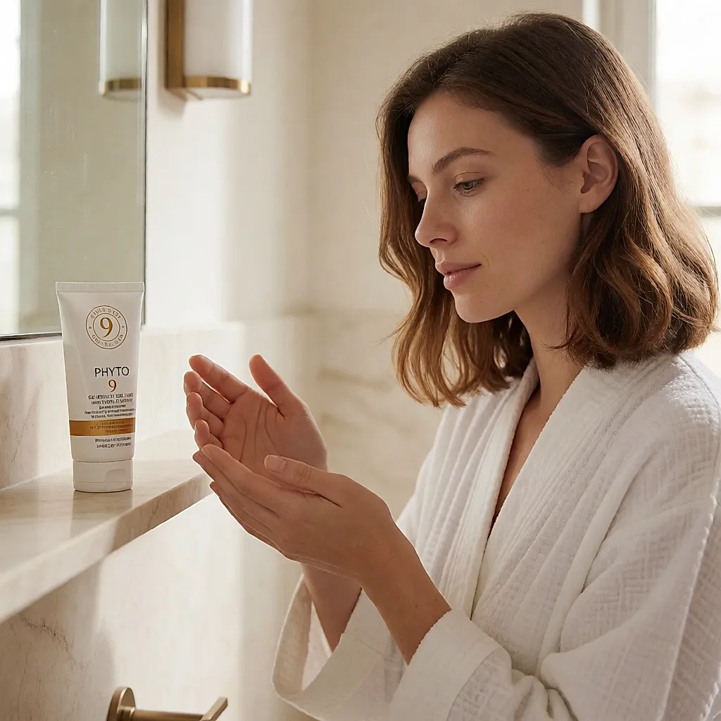 Una mujer calienta entre las manos la crema Phyto 9 antes de aplicarla en medios y puntas